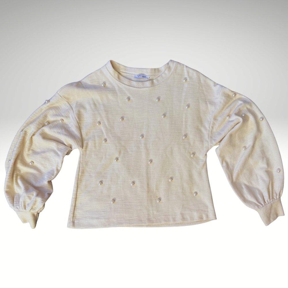 ZARA Pearl Embellished Cream Sweater - Size Small
